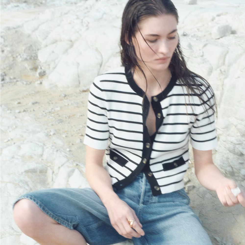 ✨NWT✨ H&M Striped Rib Short-sleeved Cardigan (M) - Picture 2 of 7
